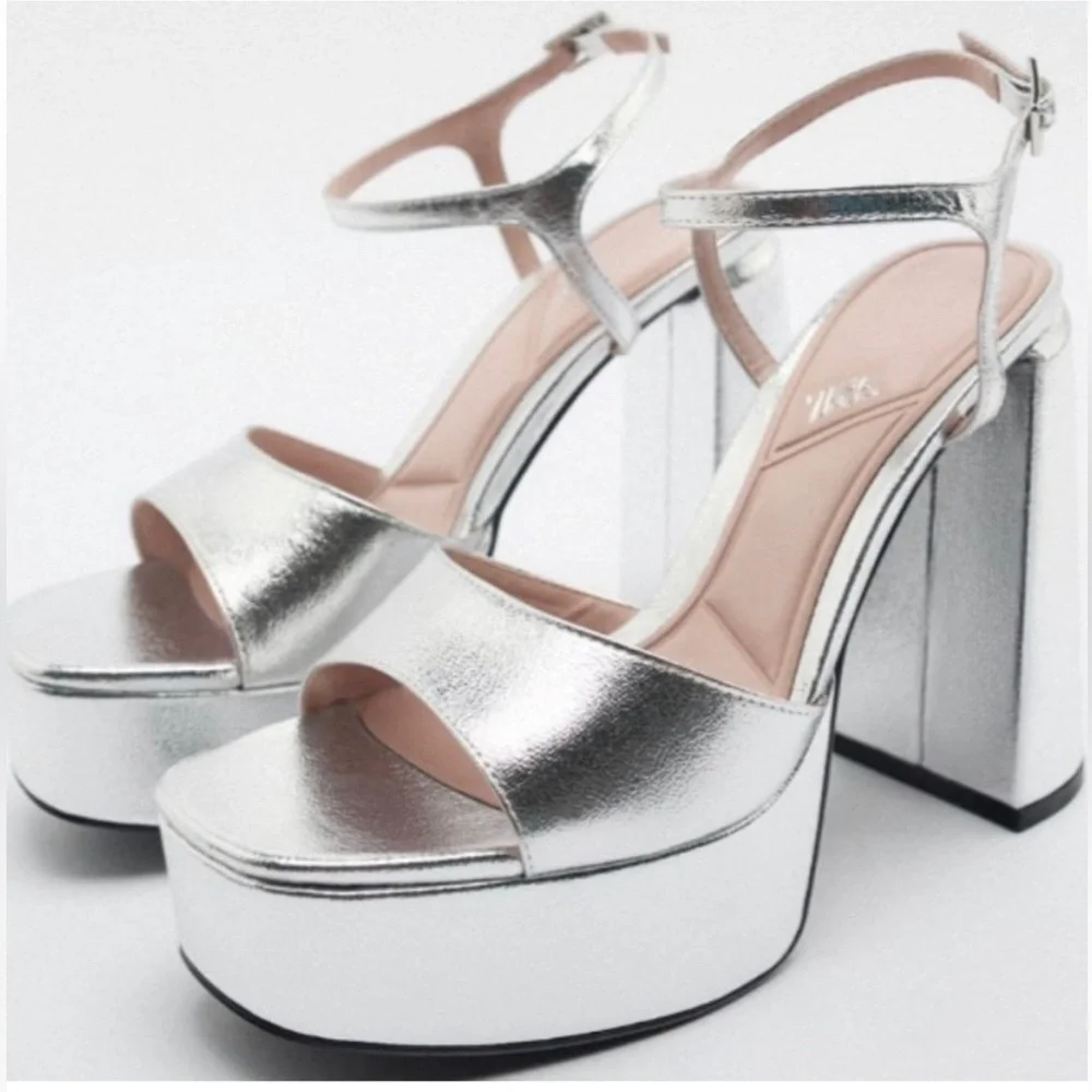 ZARA Silver Platform Heels Shoes Party‎ Vacation Wedding Dance Size 10 41 Shiny